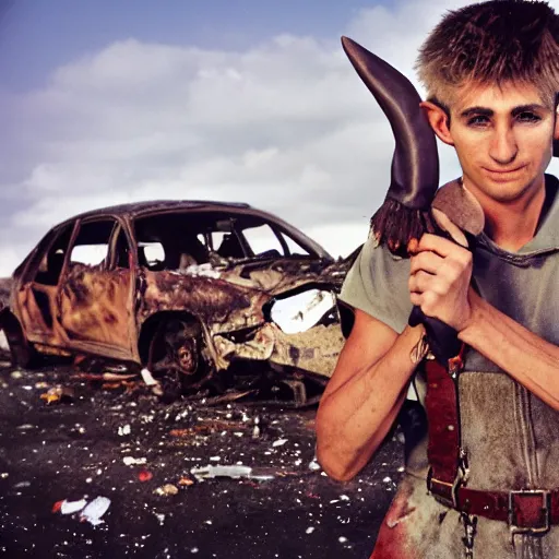 Image similar to a skinny high-fantasy elf with a long face narrow chin and spiky blonde hair wearing dark brown overalls and holding a bomb next to a destroyed car, gel spiked hair, high resolution film still, HDR color