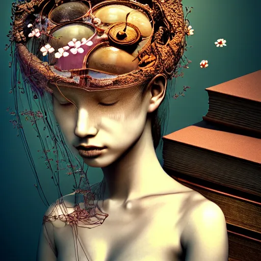 Image similar to prompt: Fragile looking vessel portrait face drawn by Katsuhiro Otomo, beautiful girl in lake with shining face octane 3d render super detailed, nymph in the water performing alchemy, small flowers and cables and wire around and on the side with artifacts and ancient book, intricate oil painting, high detail, Neo-expressionism, gnarly details