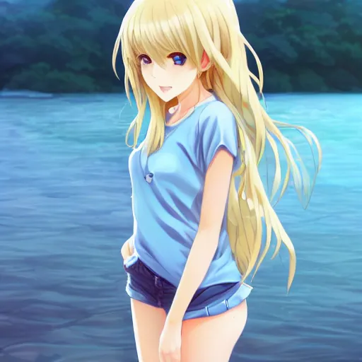 Prompt: a very beautiful anime girl, full body, long wavy blond hair, sky blue eyes, full round face, short smile, cute top, short jeans, summer lake setting, shy ,cinematic lightning, medium shot, mid-shot, highly detailed, trending on Artstation, Unreal Engine 4k, cinematic wallpaper by Stanley Artgerm Lau, WLOP, Rossdraws, James Jean, Andrei Riabovitchev, Marc Simonetti, and Sakimichan
