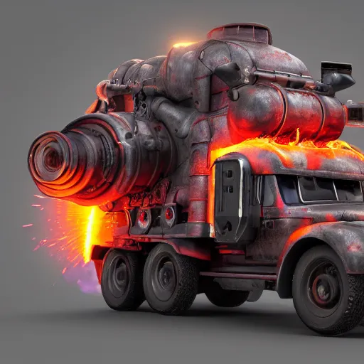 Image similar to A dieselpunk ogre truck with red flames and guns sticking out of it, jet engines with fire and sparks from the back of the trunk in deep space, lush vivid soft colors of sun set, hosing battering ram on front on truck, filigree planets in a stellar nebula, a small Ogre driver , DSLR, HDR, octane render, 3d shading, cgsociety, Horde3d, ambient occlusion, volumetric lighting, ray tracing, 3dexcite, Zbrush, Substance Designer, behance HD, lightWave 3d, Ureal Engine , Monet painting by Kait Kybar