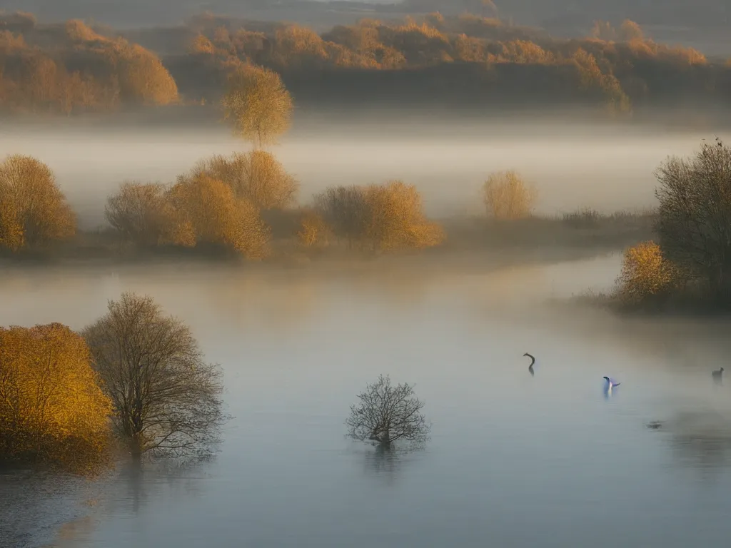 Image similar to A landscape photo taken by Kai Hornung of a river at dawn, misty, early morning sunlight, cold, chilly, two swans swim by, rural, English countryside