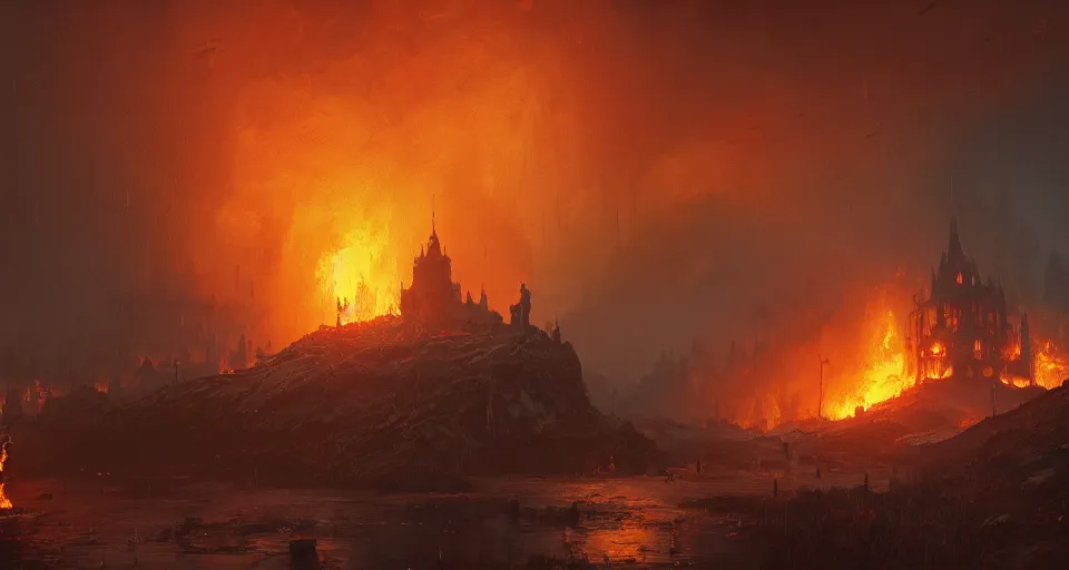 Prompt: landscape, A royal castle on fire, burning down, intense flames, dramatic lighting, cinematic, by WLOP, eddie mendoza, simon stålenhag, raphael lacoste, extremely high detail, photo realistic, cinematic lighting, post processed, concept art, trending on artstation, matte painting