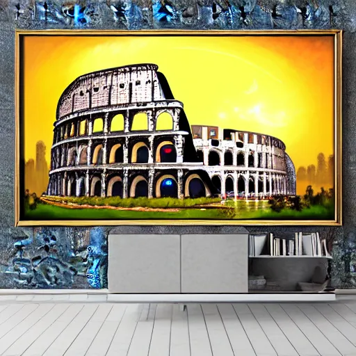 Prompt: exterior view of modern futuristic roman colosseum architecture, view overlooking the city, detailed luminescent oil painting 4 k
