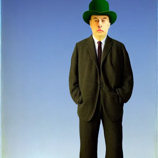 Prompt: portrait of a man wearing pants hat, realphoto render by rene magritte