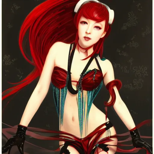 Prompt: a beautiful portrait of hatsune miku with long black and deep red colored hair dressed as a 1 9 6 0 s go - go dancer, intricate, elegant, highly detailed, digital painting, artstation, concept art, matte, sharp focus, illustration, art by greg rutkowski and alphonse mucha