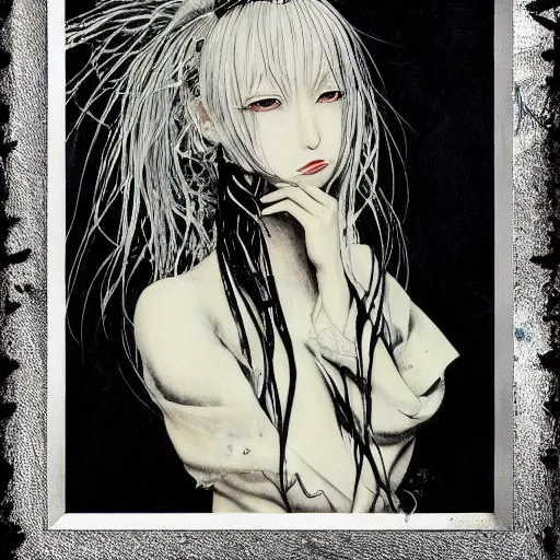 Image similar to Yoshitaka Amano realistic illustration of an anime girl with white hair and cracks on her face wearing dress suit with tie fluttering in the wind, abstract black and white patterns on the background, noisy film grain effect, highly detailed, Renaissance oil painting, weird portrait angle