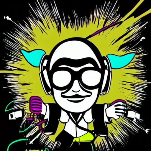 Image similar to svg vector sticker of absolutely insane-mad-scientist-villain, rocking out, wearing headphones, huge speakers, dancing, rave, DJ, spinning records, digital art, amazing composition, rule-of-thirds, award-winning, trending on artstation, featured on deviantart