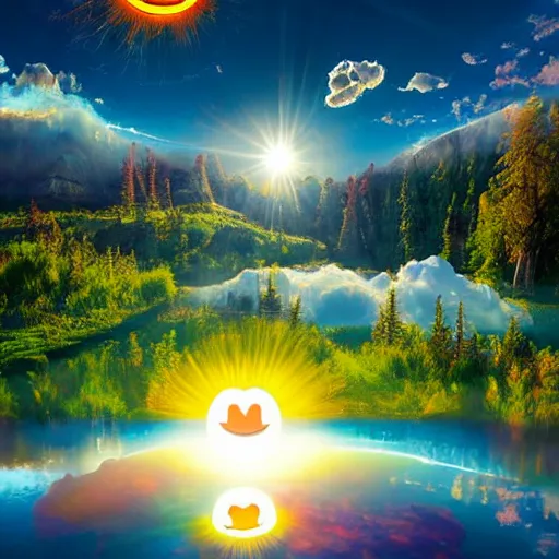Prompt: fantastical vibrant smiley face shaped cloud with holes for eyes and mouth, in a nature scene by marc adamus, high definition, sun breaking behind the smiley face, absurdist mirrored lake, cheerful, rave art