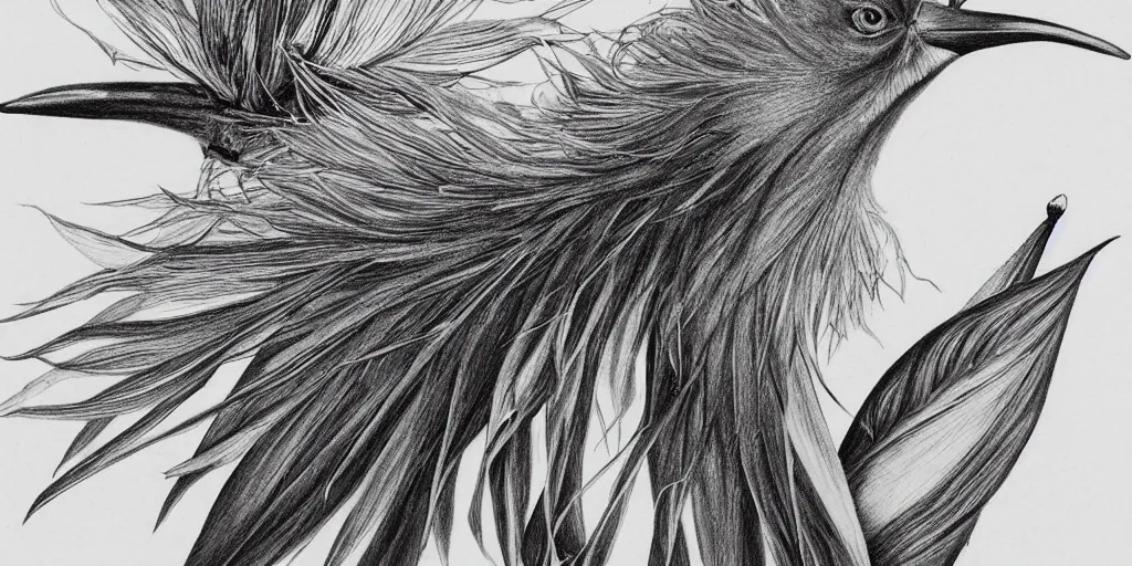 Image similar to pencil drawing of fantastical bird of paradise with beautiful eyes, black and white, illustration, extremely detailed, biology drawing, 4k