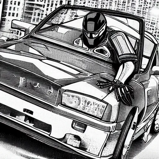 Image similar to beautiful hyper-detailed artwork of a ninja warrior with a sword, driving through the city, in a modified Nissan skyline r34, cyberpunk style