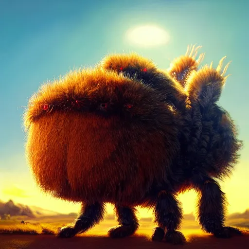 Image similar to colossal fluffy tarantula, golden hour, fantasy, vivid colors, sharp focus, digital art, hyper - realistic, 4 k, unreal engine, highly detailed, hd, dramatic lighting by brom, trending on artstation