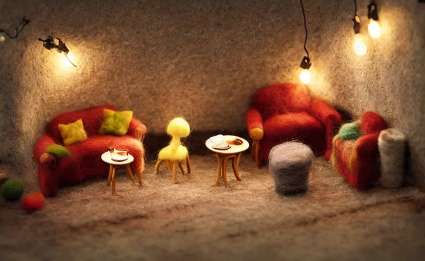 Image similar to mini cafe diorama macro photography, needle felted animals, ambient, atmospheric photograph, string lights, romantic