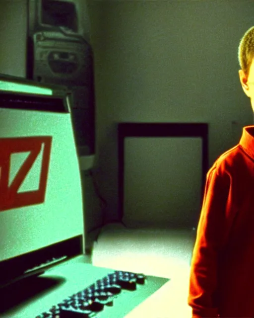 Image similar to 8k professional photo of an 8 years old enlightened and scared boy standing in front of an old computer from 90s with a game doom2 at the monitor screen, still from a movie by Gaspar Noe and James Cameron