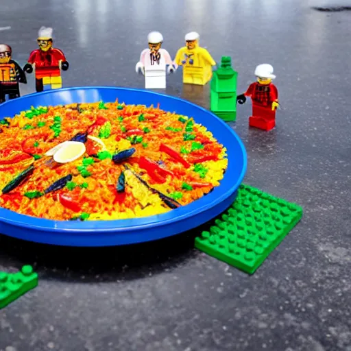 Image similar to a paella made with lego pieces.