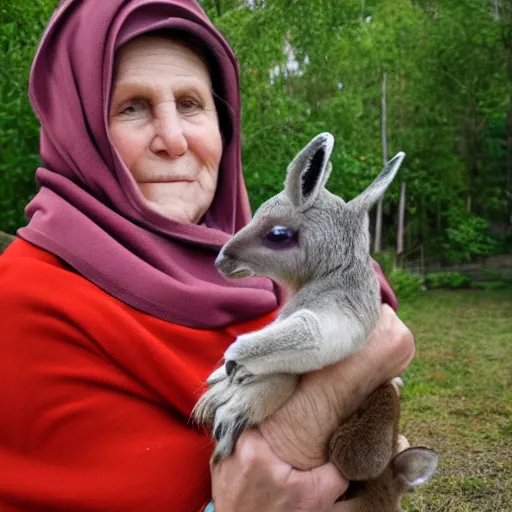 Prompt: portrait of a babushka with pet miniature kangaroo