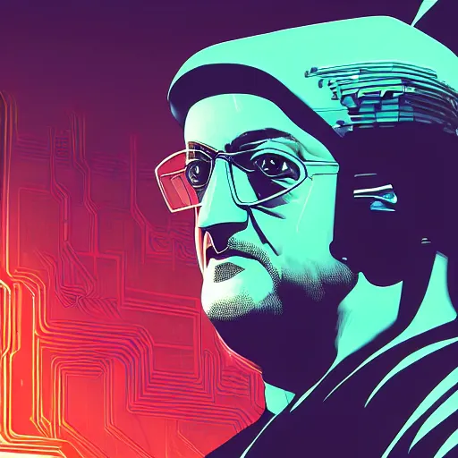 Image similar to cyberpunk salman rushdie as the leader of a futuristic communist nation, cybernetics, sharp lines, digital, artstation, colored in