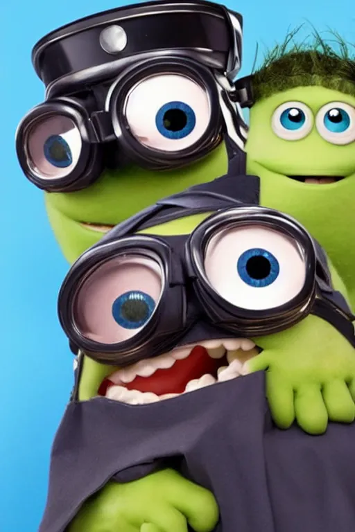 Image similar to a mix of mike wazowski and george clooney wearing a toga and helmet with goggles