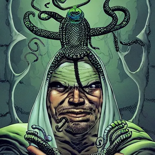 Prompt: a mysterious but ominous looking cult leader with snakes and snails on his head, art by Glenn Fabry, Simon Bisley, Clint Langley and Simon Davis.