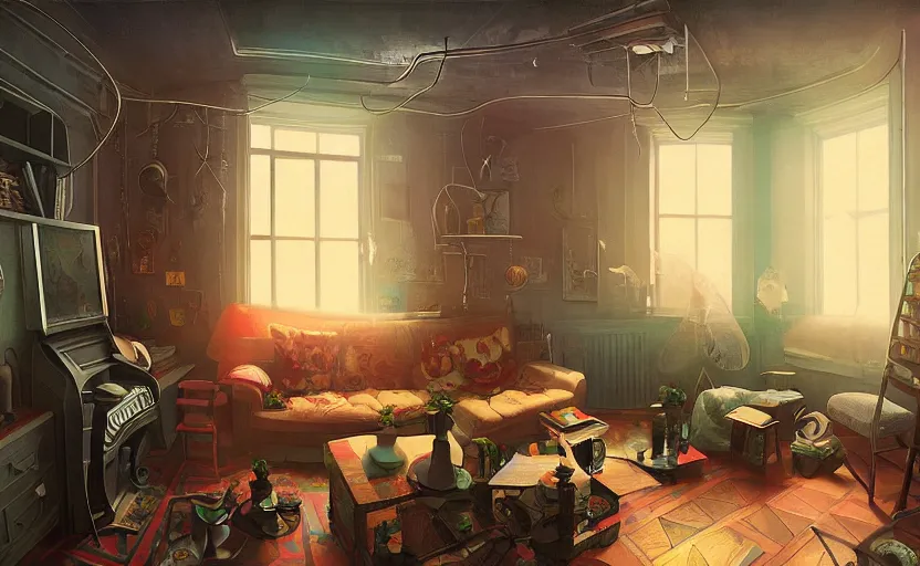 Prompt: Interior shot of a victorian cozy studio apartment by Petros Afshar and Beeple, James Gilleard, Mark Ryden, Wolfgang Lettl highly detailed