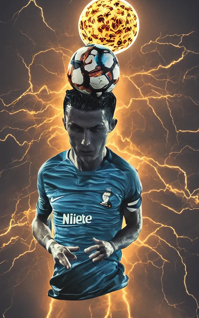 Image similar to scientific twisted cristiano ronaldo soccer player surrounded by twisted skulls and tackling the nike ball in front of the light flare, night earth crust, trail cam, realistic photography paleoart, masterpiece album cover