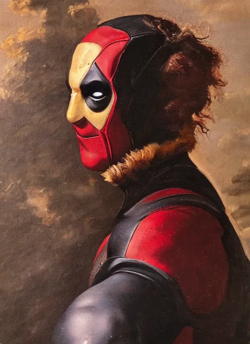 Image similar to oil painting of renaissance deadpool created by gustave courbet and michaelangelo, fantasy, portrait, highly detailed, large brush strokes