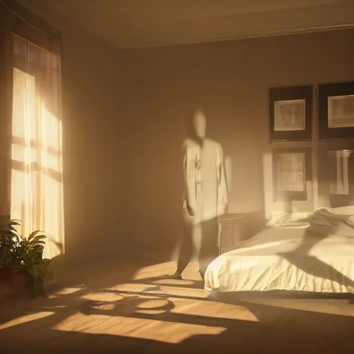 Image similar to a shadow figure standing in front of the bed while a person sleeps in it, volumetric lighting, 8 k octane beautifully detailed render, post - processing, extremely hyper - detailed, intricate, epic composition, cinematic lighting, masterpiece, trending on artstation, detailed detailed detailed, masterpiece, stunning art by anders zorn, wonderful masterpiece by greg rutkowski, beautiful cinematic light,