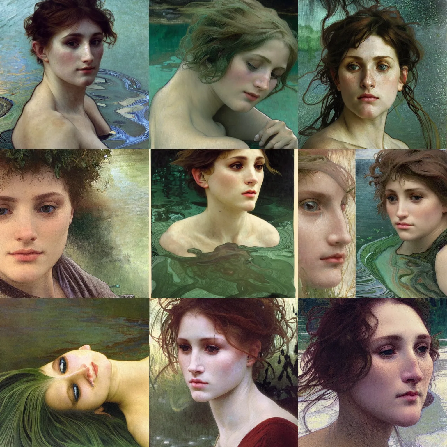 Prompt: hyperrealist portrait in a river, close up face, dark green water, algae hair, by alphonse mucha and lucian freud and bouguereau, fog twilight lighting, very detailed faces