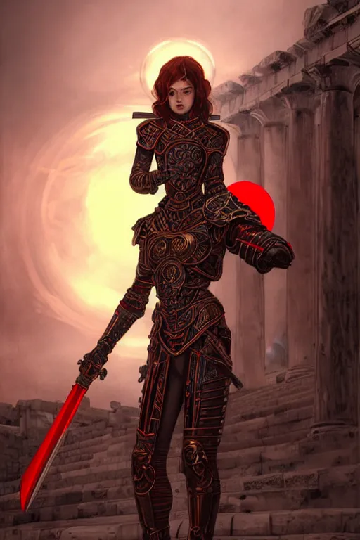 Image similar to portrait knights of Zodiac girl, metallic black and red color reflected armor, in ruin Agora of Athens sunset, ssci-fi, fantasy, intricate, natural atmosphere, cinematic lighting,, elegant, golden light, highly detailed, digital painting, concept art, smooth, sharp focus, illustration, art by artgerm and greg rutkowski and alphonse mucha and loish and WLOP