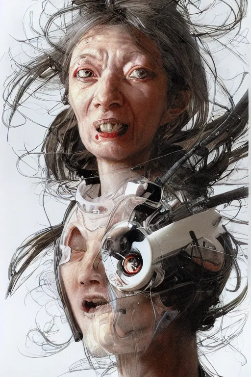 Image similar to zoom out portrait of crazy lady scientist, illustration by silvio camboni, feng zhu, yoshitaka amano, katsuhiro otomo, brom, jeffrey catherine jones, concept art