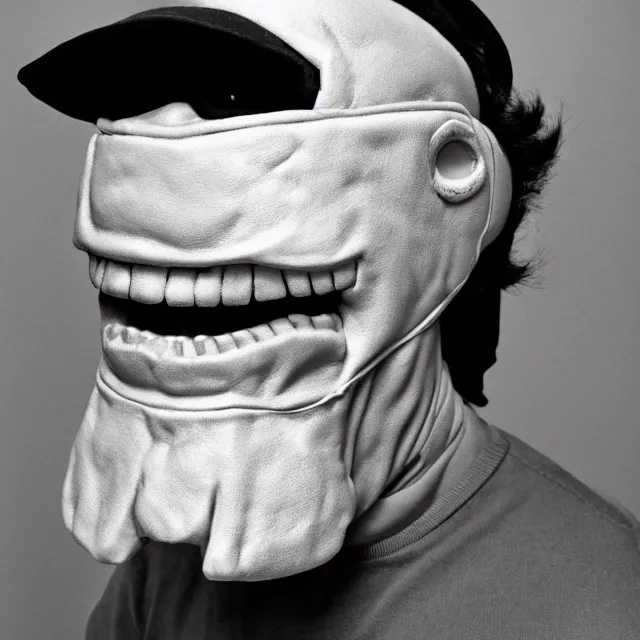 Prompt: Chaves El Chavo del Ocho wearing the MF Doom mask. a black and white photograph close-up studio portrait by Robert Mapplethorpe. Tri-x. Madvillain album cover