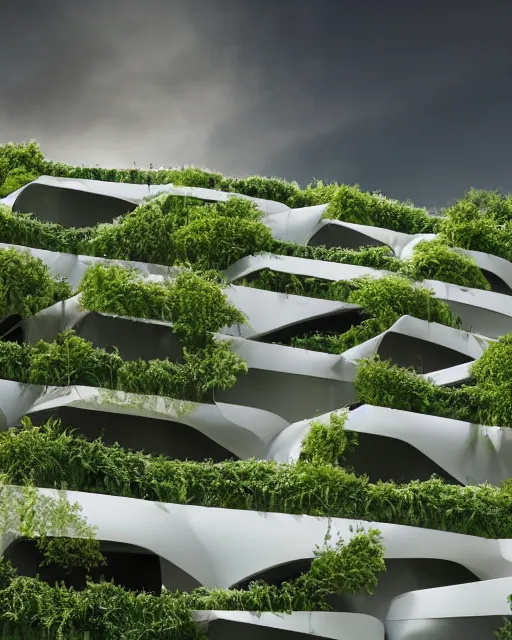 Prompt: a beautiful 3d renderings of buildings, architecture by Morphosis Architect. nature meets architecuture. vines and plants green landscape, Architectural photography, 14mm, cinematic photography, high resolution 4k, cg architects, vray, dramatic sky, cinematic lighting, wide angle, award winning,