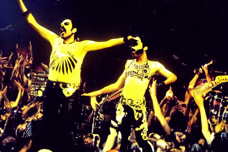 Image similar to freddie mercury singing at a death metal punk concert. mosh pit, elaborate clothing, violent rock concert yellow and white clothing, huge angel wings - s 1 5 0