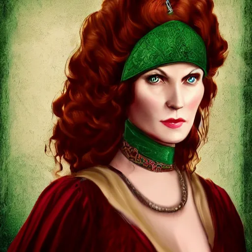 Prompt: portrait of a 40 years old women, dark red hair, green eyes, in historic clothing, digital art, medieval fantasy, white background