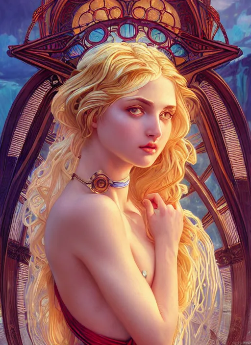 Prompt: the greek goddess aphrotite, blond hair, draped in water, steampunk, beautiful glowing eyes, volumetric lights, red and cyan theme, art nouveau botanicals, intricate, highly detailed, digital painting, artstation, concept art, smooth, sharp focus, cinematic, illustration, beautiful face, art by artgerm and greg rutkowski and alphonse mucha