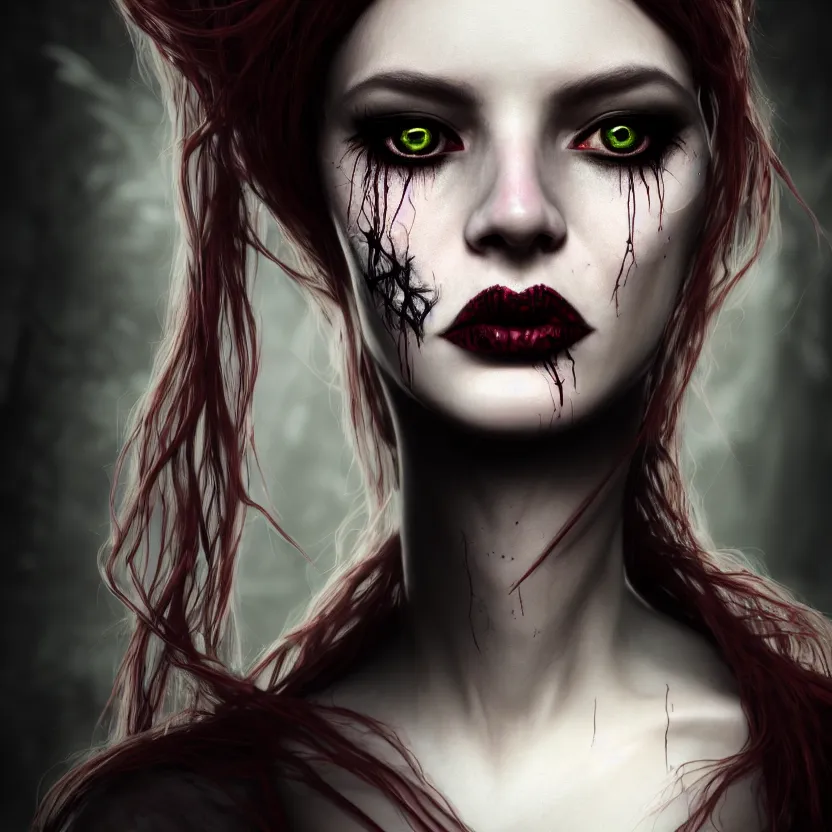 Image similar to single faced portrait of enchanting femenine witch, hyper attractive, seductive, very complex, hyper - maximalist, overdetailed, legendary cinematic, darkfantasy, archetype with timeless beauty breathtaking eyes, highly intricate, realism, perspicious detail, silent hill aesthetic, photorealistic, lifelike, dslr 8 k, unbeatable coherency, octane render