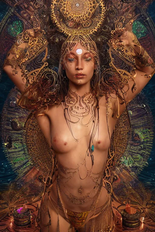 Image similar to a centered render of an mytical festival hippy with tribal tattoos wearing intricate metallic clothing surrounded by a underwater ink pour and flowing liquid gallium and sacred geometry, perfect body and face, gorgeous, cinematic, beautifully lit, by peter kemp, by karol bak, by donato giancola, 3 d, trending on artstation, octane render, 8 k