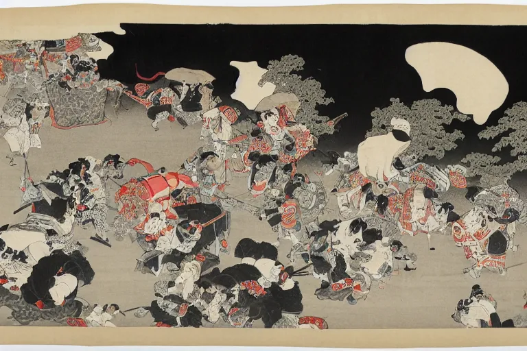 Image similar to black and white japanese painting of a circus, lots of clowns, flat, extremely detailed, water color and ink, painted by hokusai, 4 k,