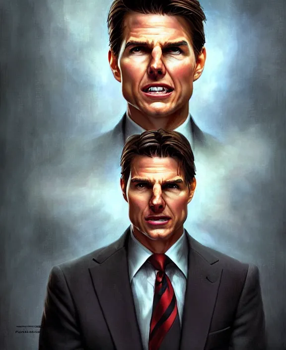 Image similar to portrait of tom cruise as a psychopathic lawyer for the church of scientology, art by denys tsiperko and bogdan rezunenko and tom bagshaw, hyperrealism