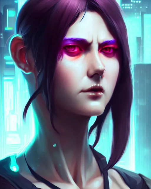 Image similar to cyberpunk female character design, very detailed, realistic face, detailed face, matte, tonemapping, bbwchan, perfection, 4 k, atmospheric, cushart krenz, brush strokes