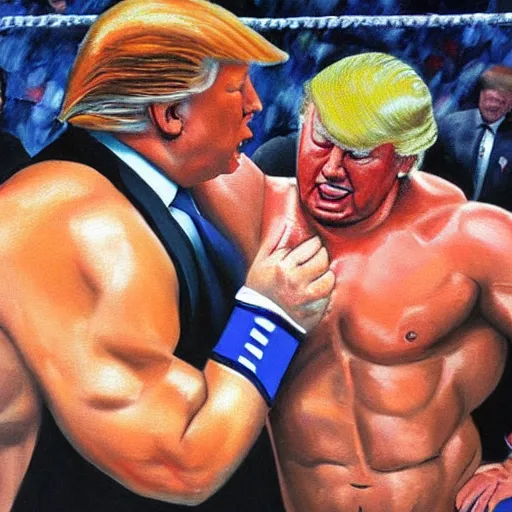 Prompt: Oil painting of buff Donald Trump wrestling in the WWF