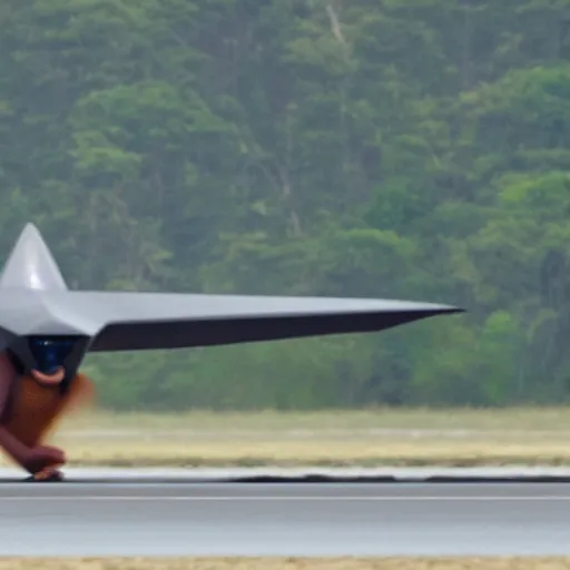 Image similar to an orangutan piloting the stealth bomber