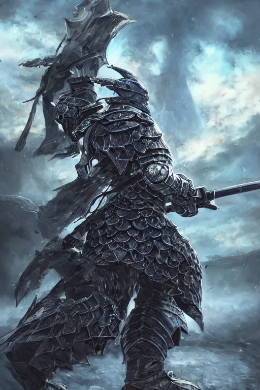 Image similar to a full body shot of an azure knight warrior by Kentaro Miura, Wolf themed armour, colored by Ronda Pattison, heavy armor, kingdom under fire in the background, dark colors, highly detailed, trending on artstation, CGsociety, exquisite detail, post-processing, masterpiece, volumetric lighting, cinematic, hypermaximalistic, high details, cinematic, 8k resolution, beautiful detailed, insanely intricate details