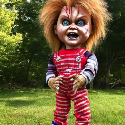 Image similar to Chucky the killer doll standing out in the yard