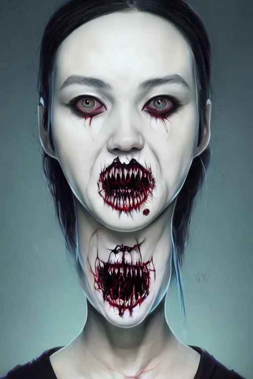 Prompt: cartoon portrait of a creepy horror nurse girl . intricate abstract. intricate artwork. nightmare fuel. terrifying. by Tooth Wu, wlop, dan mumford , trending on artstation, greg rutkowski very coherent symmetrical artwork. cinematic, hyper realism, high detail, octane render, 8k