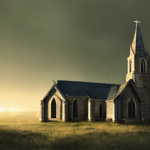 Prompt: extremely detailed watercolor painting portrait of old church on a new world, dusk, elegant, moody muted colors, Charles Reid, octane render, 4k