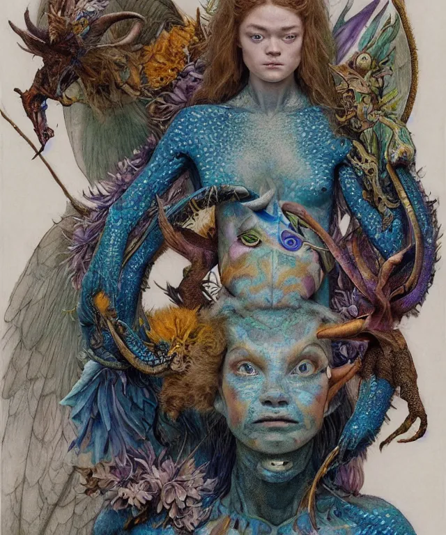 Image similar to a portrait photograph of a meditating fierce sadie sink as a colorful harpy antilope super hero with blue spotted skin with scales. she is being transformed into a alien amphibian. by donato giancola, hans holbein, walton ford, gaston bussiere, peter mohrbacher and brian froud. 8 k, cgsociety, fashion editorial