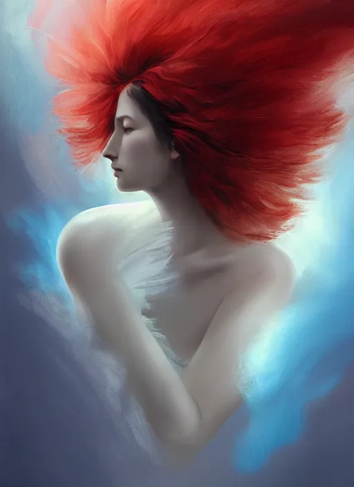 Image similar to a painting of a woman who made of curly and transparent feathers and cloud with red edges is holding a sword, a digital painting by charlie bowater, made of many translucent layers of blue feathers and cloud, metaphysical painting, speedpainting, digital painting, holographic undertones, highly saturated colors, 4 k, glossy eyes, concept art, trending on artstation