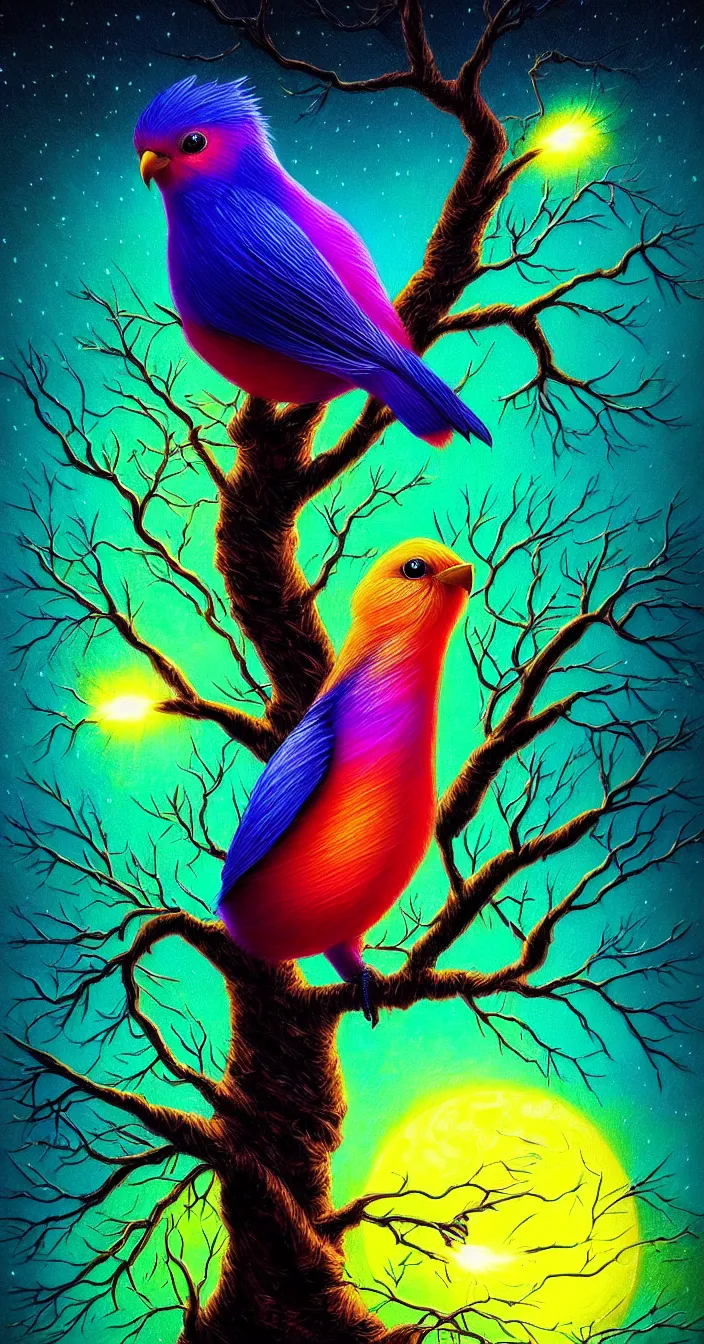 Prompt: realistic photo of beautiful colorful bird sitting on glowing tree at night, dark smooth background, very sharp focus, dark background, in the style of greg rutswoski, very hyper realistic, highly detailed, fantasy art station