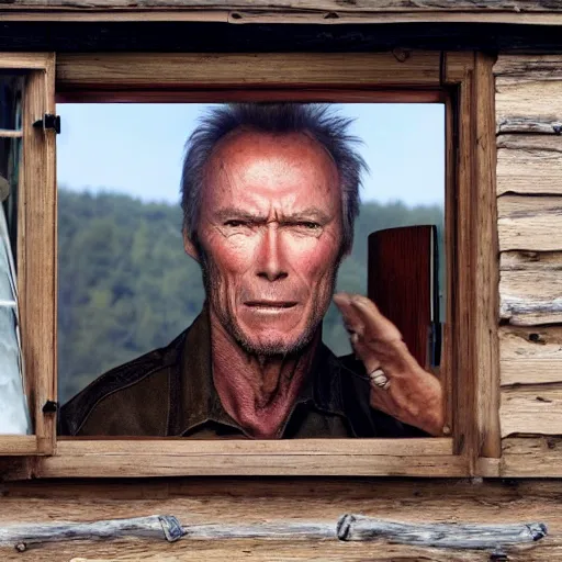Image similar to clint eastwood peaks out of the window of an outdoor hut, realistic, hdr, hdd ; 8 k, movie still,