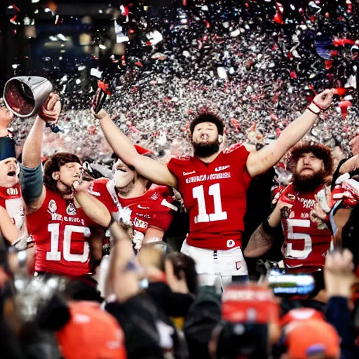 Image similar to baker mayfield lifts up the lombardi trophy, confetti, 8 k sports photography